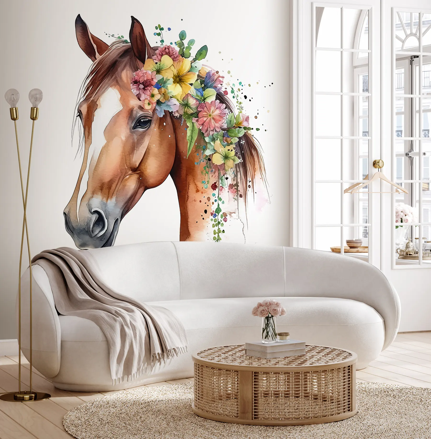 fototapeter Hest med blomster i akvarell u98192
