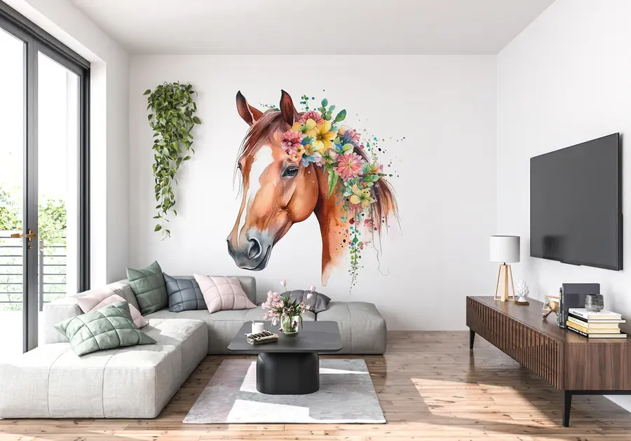fototapeter Hest med blomster i akvarell u98192