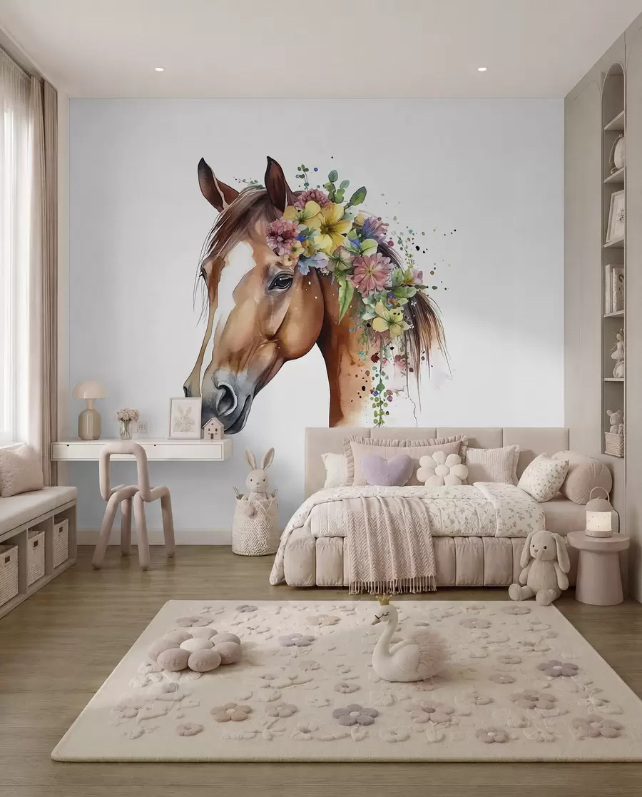 fototapeter Hest med blomsterkrans u98192
