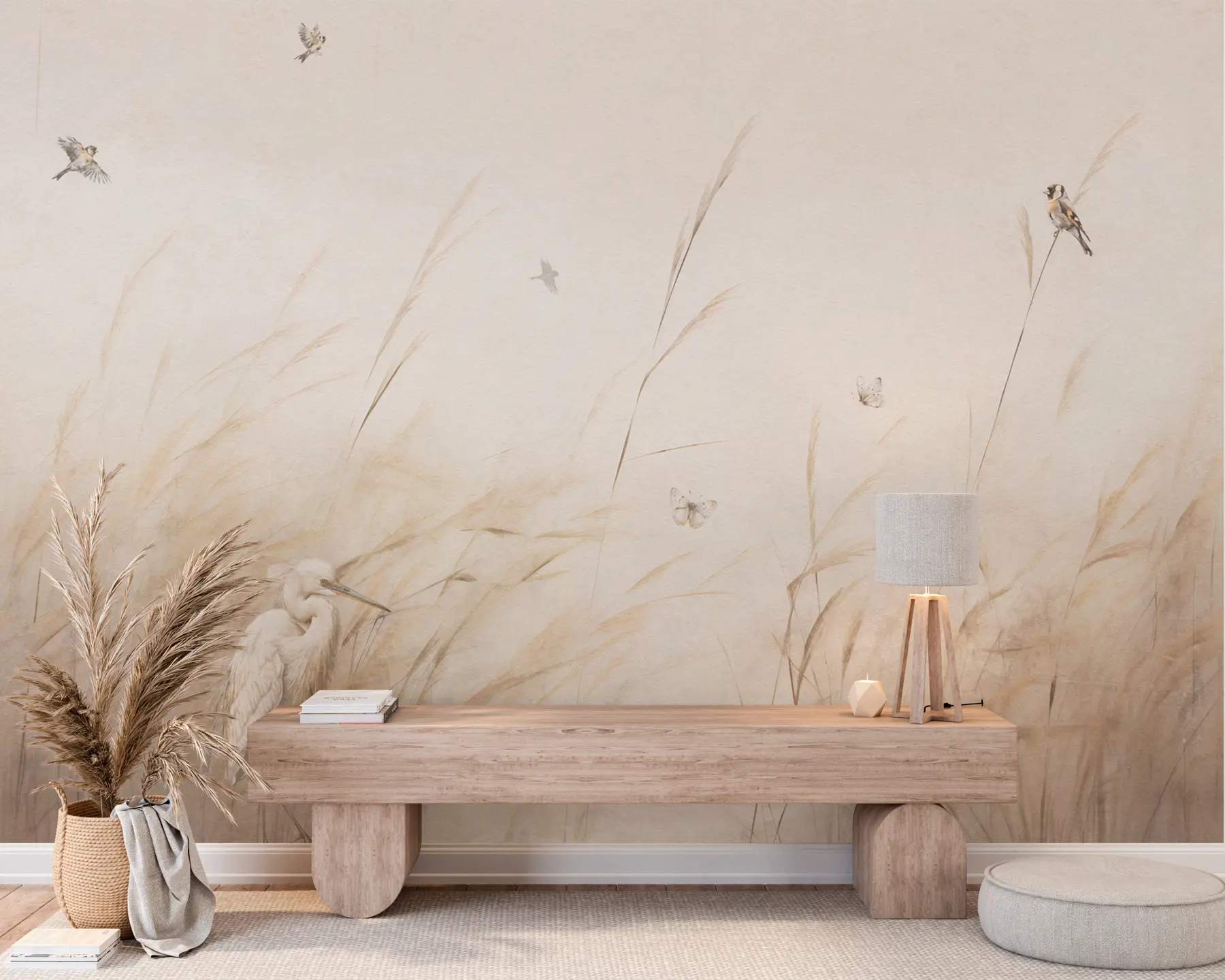 fototapeter Fugler på innsjøen blant tørkede blomster, planter og gress u98439