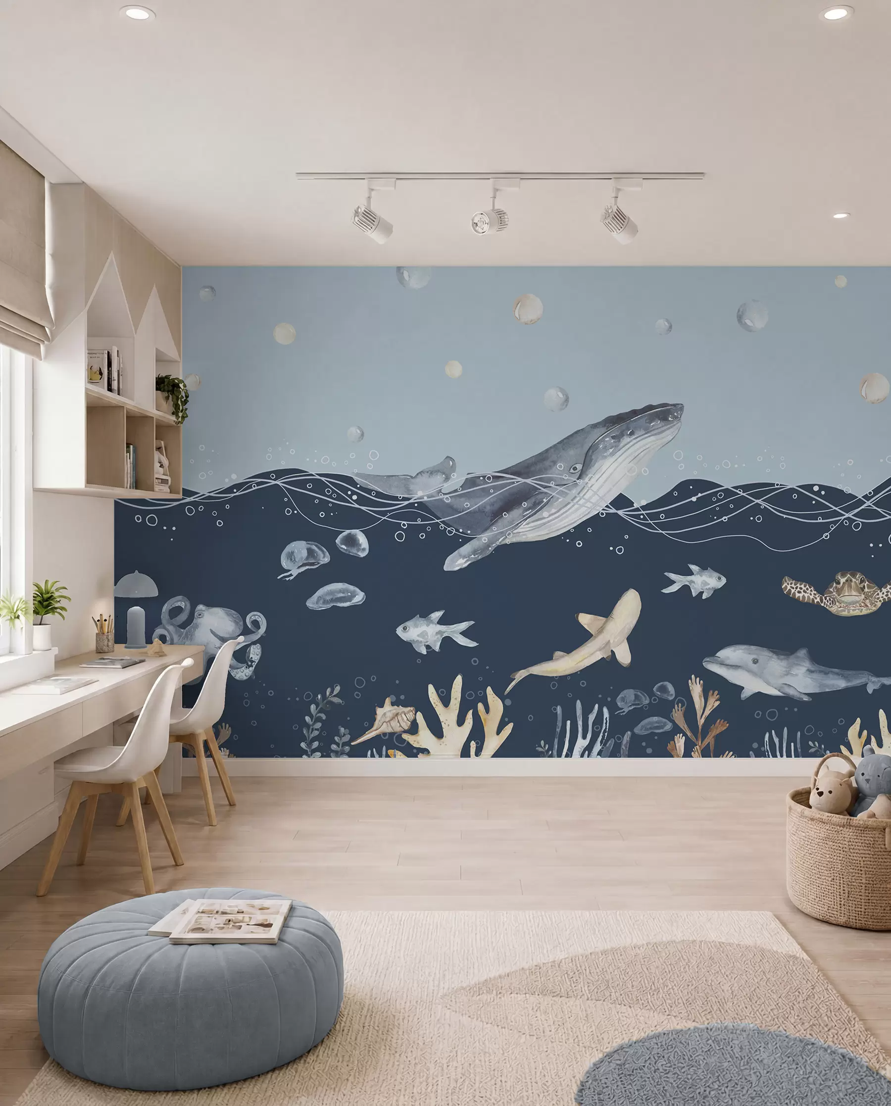 fototapeter Undervannsliv i havet, hval, delfin, koraller, havdyr, havtema, pastellfarger u98902
