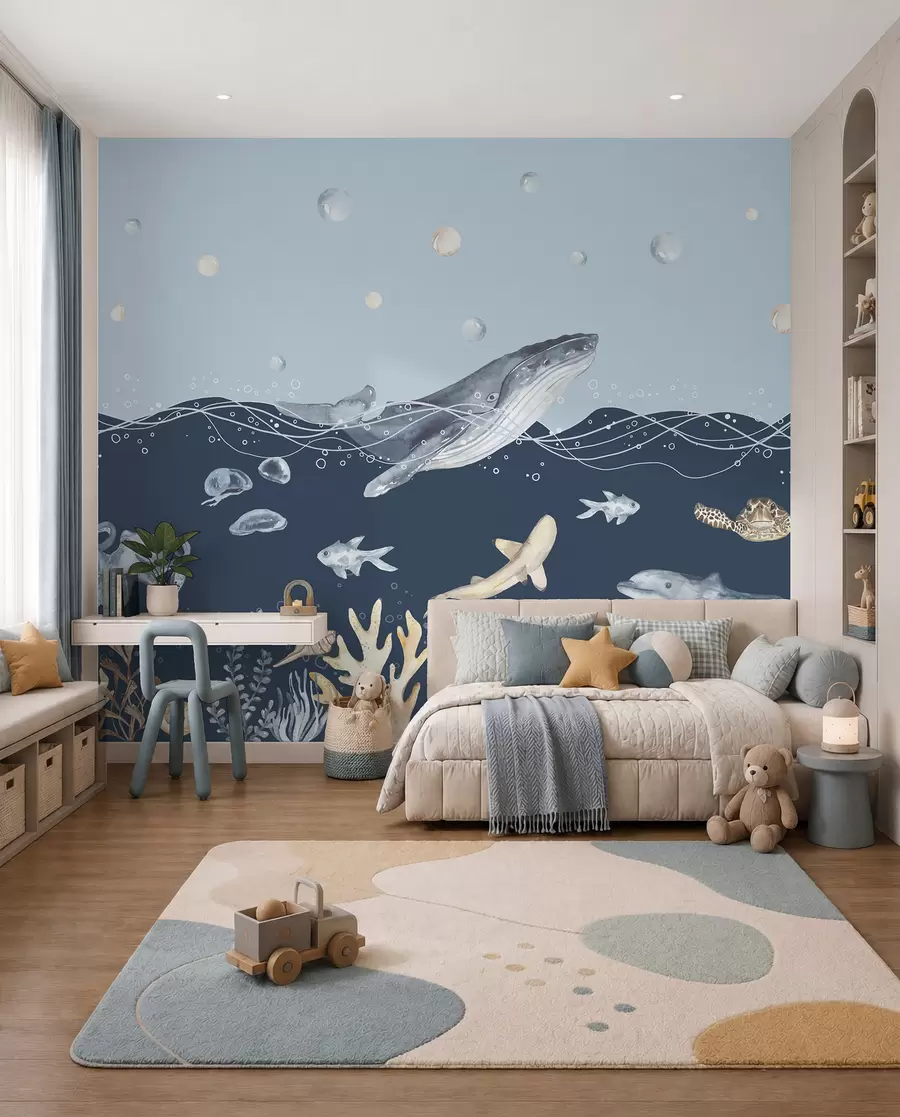fototapeter Undervannsliv i havet, hval, delfin, koraller, havdyr, havtema, pastellfarger u98902