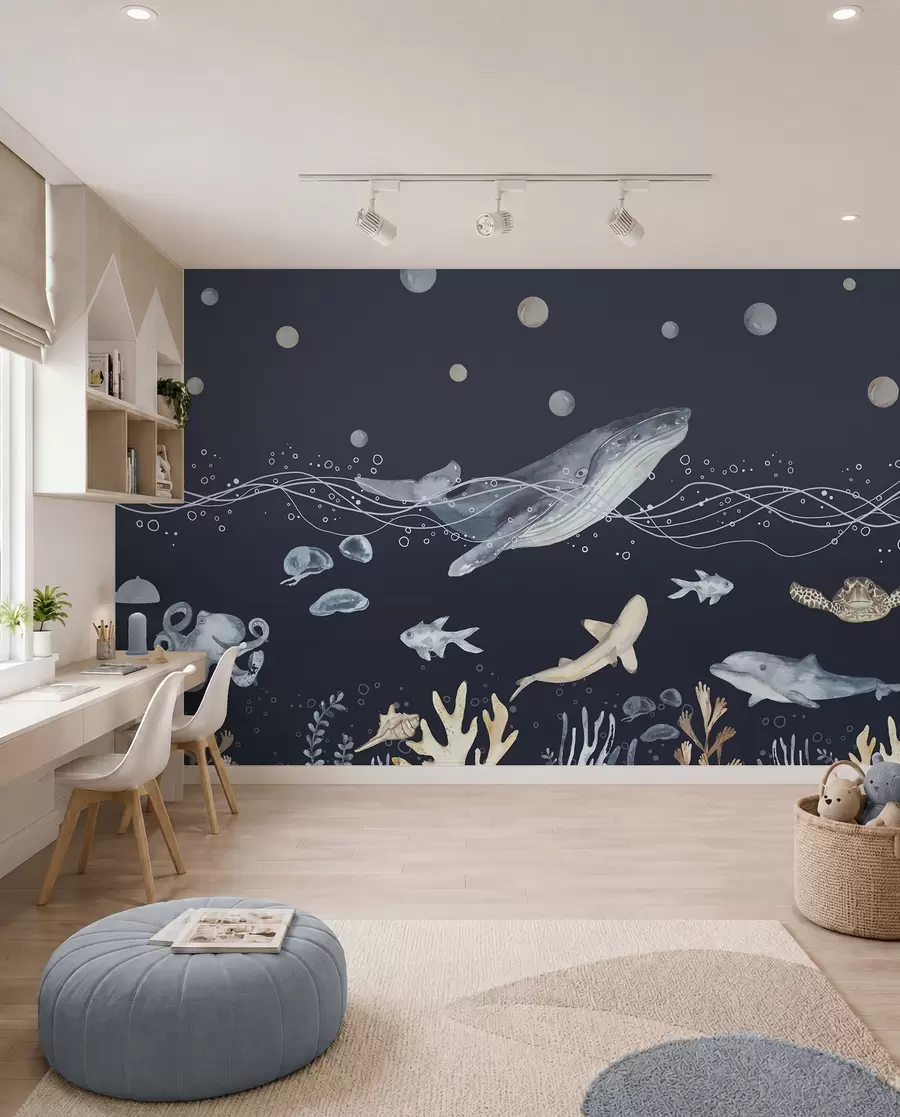 fototapeter Undervannsliv i havet, hval, delfin, koraller, sjødyr, beige og blått u98902v1