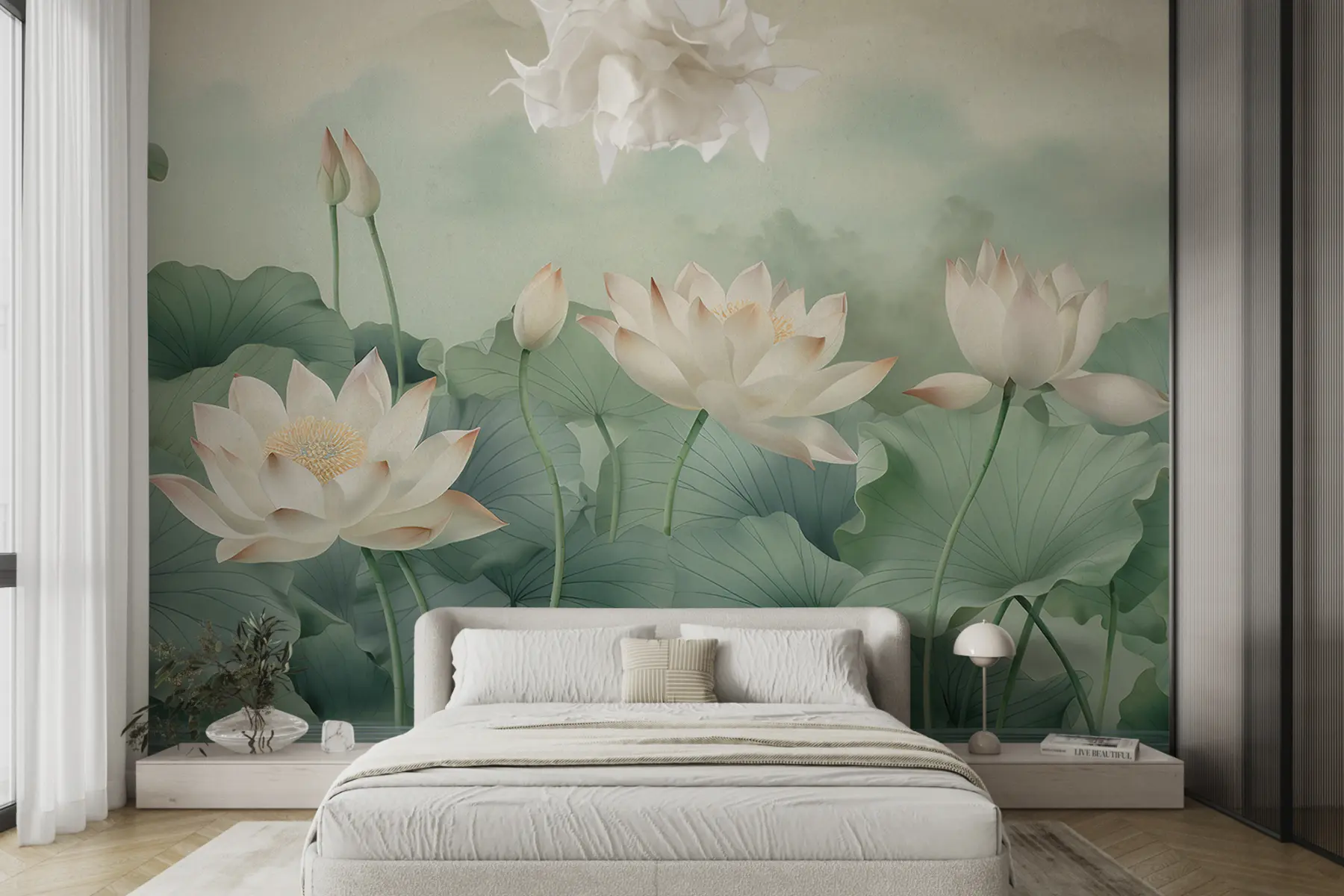 fototapeter Lotusblomster i innsjøen, tåke, tropisk kunst, grønne omgivelser u99455