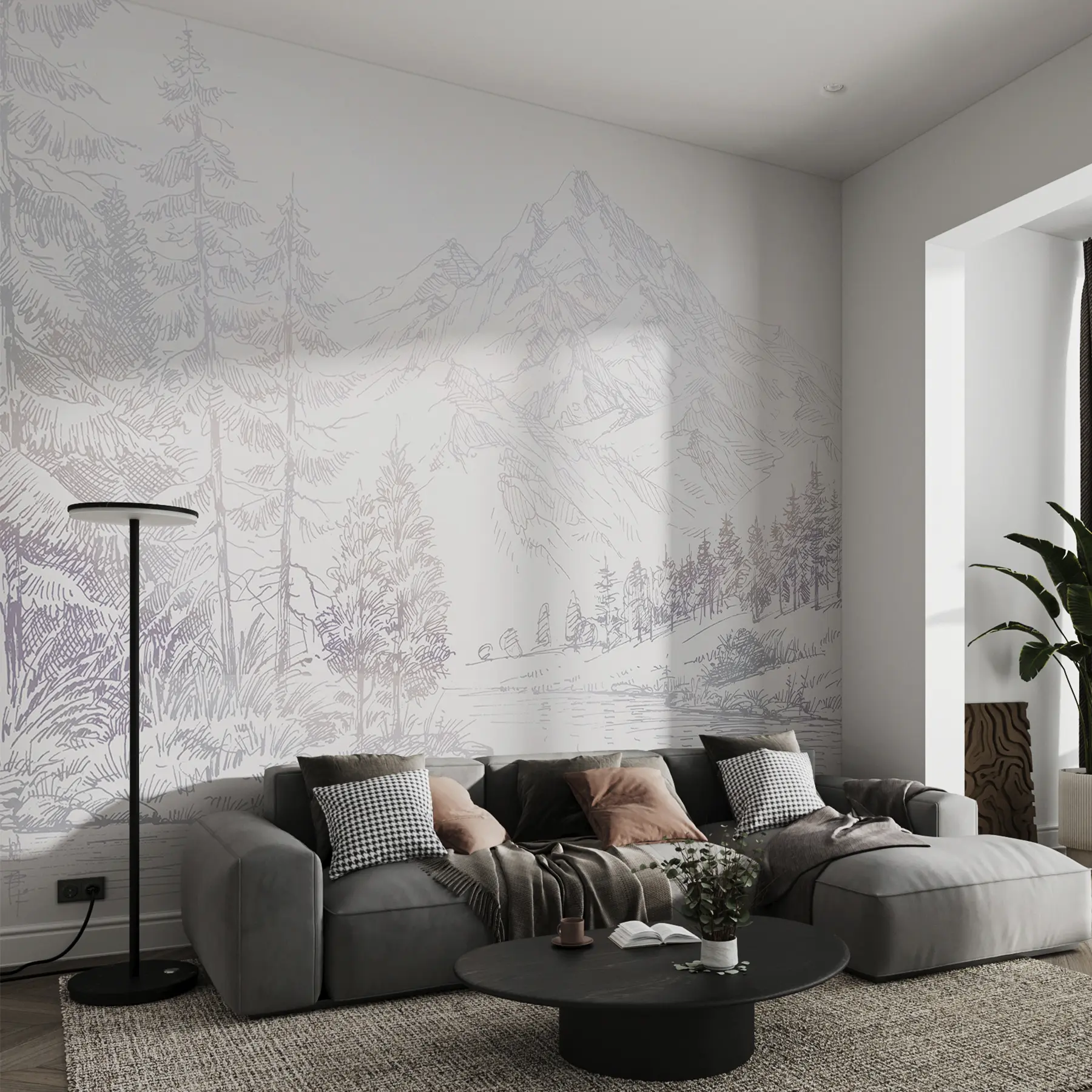 fototapeter Alpint fjellandskap, minimalisme, lilla farger u99569v1